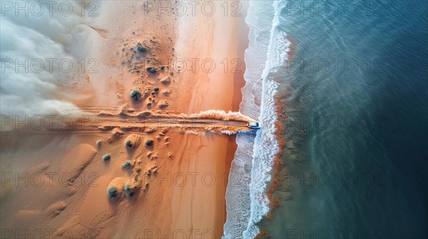 A rally car racing along the coast, leaving a frothy trail sand storm in the sand dunes, action sports photography, drone aerial shot, AI generated