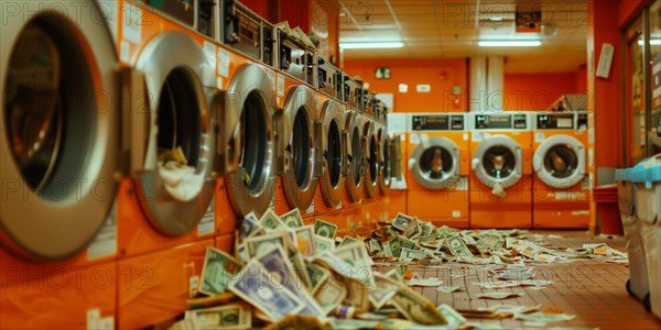 Banknotes scattered on the floor under a row of washing machines in a launderette, symbolic image of money laundering, illegally obtained money, AI generated, AI generated, AI generated