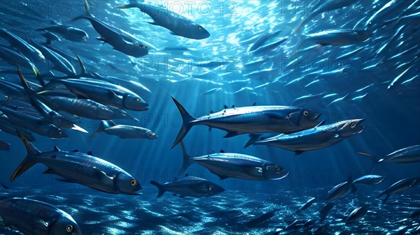 Silver sardines arrive in a dense school their silver scales shimmer under the light, AI generated, deep sea, fish, squid, bioluminescent, glowing, light, water, ocean