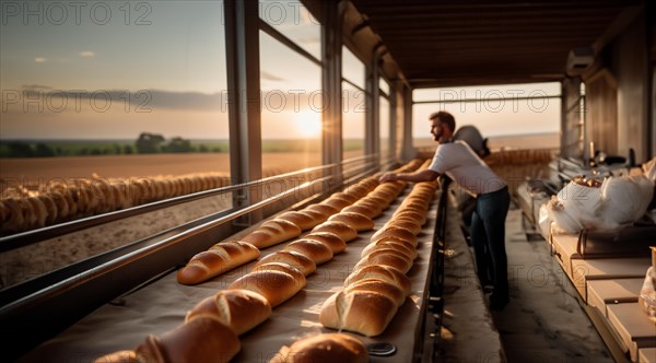 Bread production on a conveyor belt, revenue from organic bread at the factory, AI generated