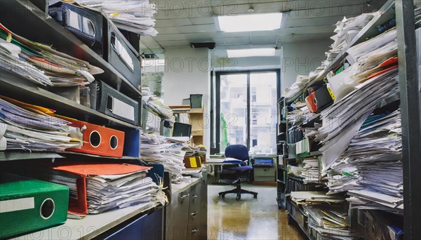 A messy office with cluttered shelves full of papers and documents, symbol bureaucracy, AI generated, AI generated