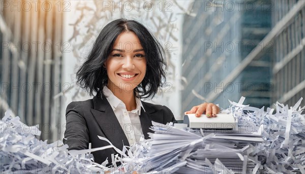 Happy young businesswoman uses a paper shredder in the modern office, symbol bureaucracy, AI generated, AI generated