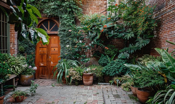 A serene garden courtyard with lush greenery and a classic wooden door AI generated