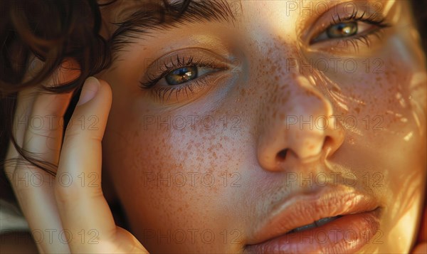 Sun-kissed close-up of a woman with freckles, hands on face, and a tranquil gaze AI generated