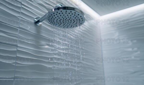 Streams of water fall from a shower head against a textured wall creating a ripple effect AI generated