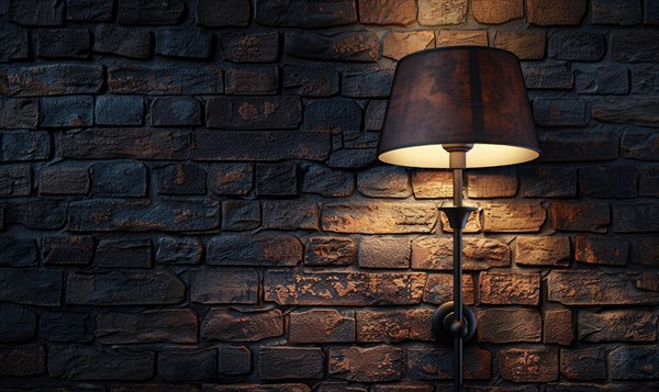 Vintage wall lamp casting a warm light on a textured brick wall, enhancing the ambiance AI generated