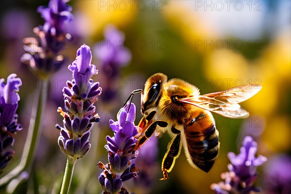 Bee harvesting nectar in a sea of lavender, AI generated