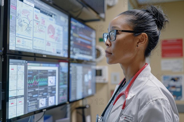 Female healthcare professional concentrating on data across multiple computer screens in a medical office, AI generated
