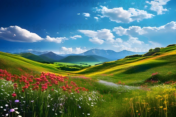 Rolling green hills embrace a vibrant quilt of wildflowers in summer, AI generated