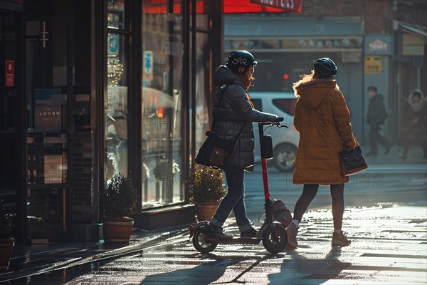 Two people on electric scooters commute in an urban environment with sunlight casting shadows, AI generated