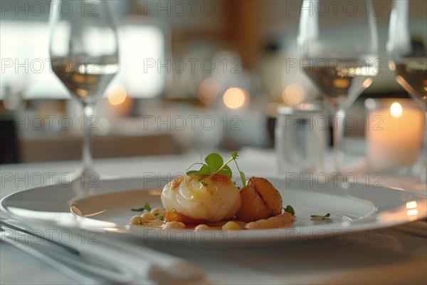 A gourmet dish of scallops presented elegantly on a plate with a wine glass in a fine dining setting, AI generated