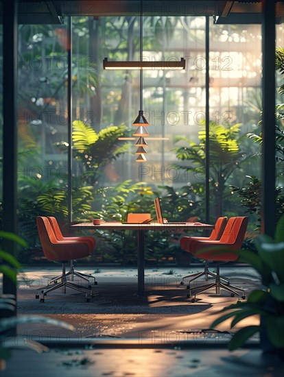 Stylish modern indoor meeting area surrounded by greenery and enclosed with glass walls, AI generated