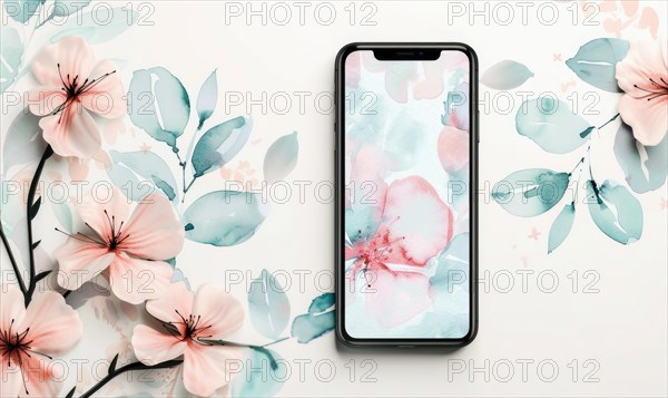 Smartphone mockup on watercolor floral patter AI generated