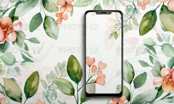 Smartphone mockup on watercolor floral patter AI generated