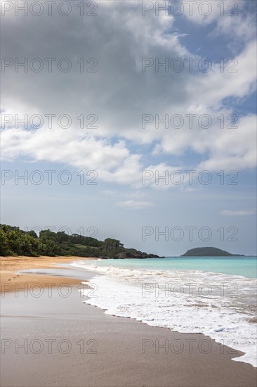 Lonely, wide sandy beach with turquoise-coloured sea. Tropical plants in a bay in the Caribbean sunshine. Plage de Cluny, Basse Terre, Guadeloupe, French Antilles, North America