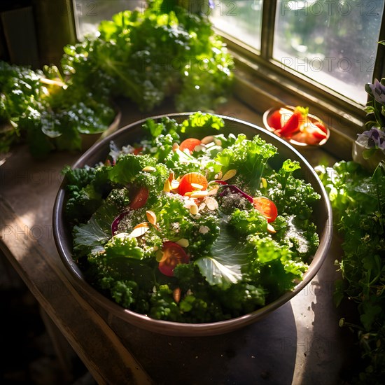 Hearty kale and almond salad glistens under the morning sun inside a sun drenched greenhouse, AI generated