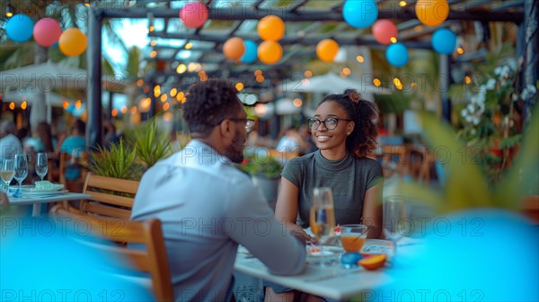 Two people having a cheerful conversation at a festive outdoor dining area with string lights, AI generated