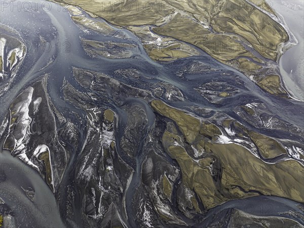 Overgrown river landscape, Eldhraun, near Kirkjubaejarklaustur, drone image, Sudurland, Iceland, Europe