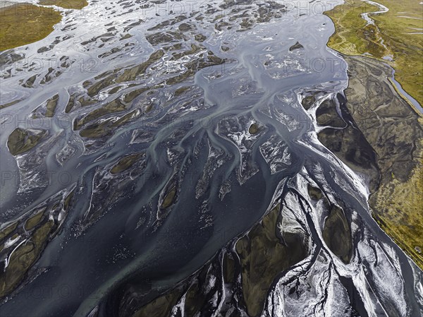 Overgrown river landscape, Eldhraun, near Kirkjubaejarklaustur, drone image, Sudurland, Iceland, Europe