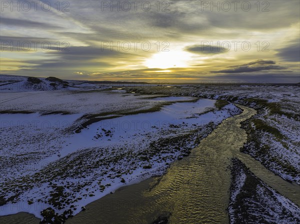 Overgrown river landscape, onset of winter, sunset, Fjallabak Nature Reserve, drone shot, Sudurland, Iceland, Europe