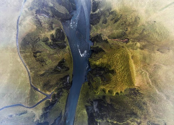 Fjadrarglijufur Canyon in the fog, Justin Bieber Canyon, drone shot, Sudurland, Iceland, Europe