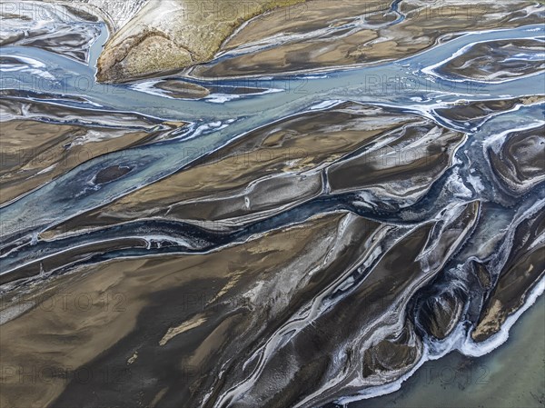 Overgrown river landscape, drone shot, Fjallabak Nature Reserve, Sudurland, Iceland, Europe