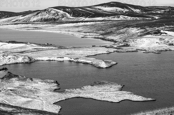 Crater lakes in volcanic landscape, onset of winter, black and white image, Fjallabak Nature Reserve, Sudurland, Iceland, Europe