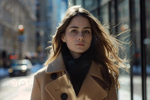Portrait of a brunette woman in a coat with the city in the background, AI generated