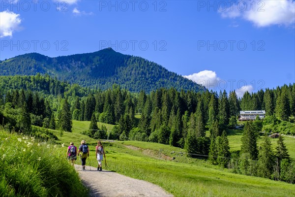 Hikers at the Valeppalm near the Albert Link Huette, Spitzingsee area, Bayerische Hausberge, Alps, Upper Bavaria, Bavaria, Germany, Europe