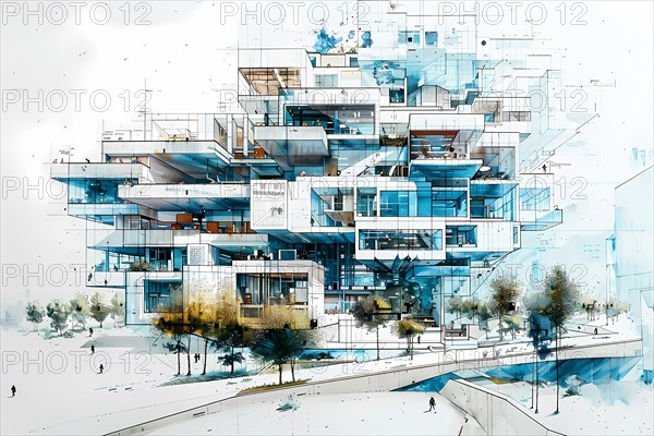 Sophisticated modern architecture with abstract layers in a cool blue and white palette, illustration, AI generated