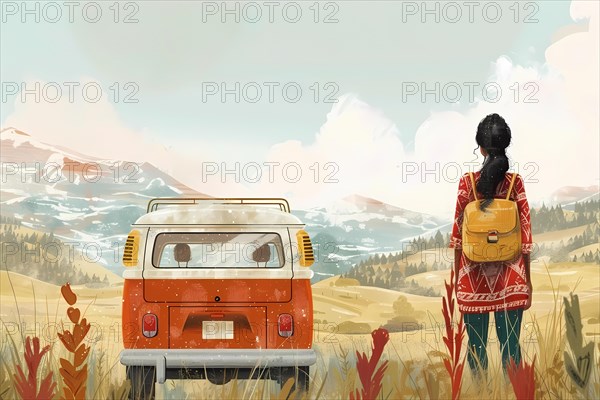 Serene scene of a woman looking at mountains, standing by a red camper van, illustration, AI generated