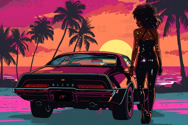 Illustrated retro car parked by the beach with palm trees and sunset background, illustration, AI generated