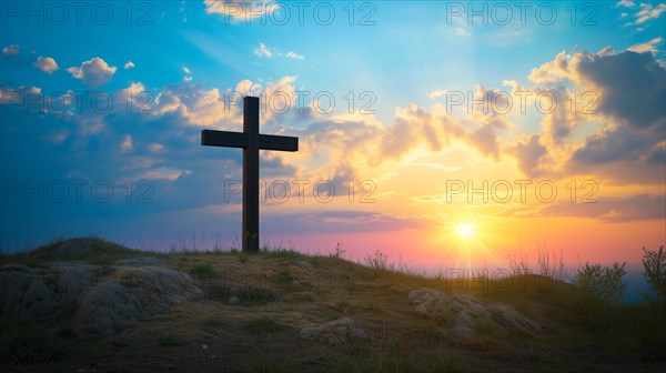 Easter concept cross on Golgotha Calvary hill against a dramatic sunset, AI generated