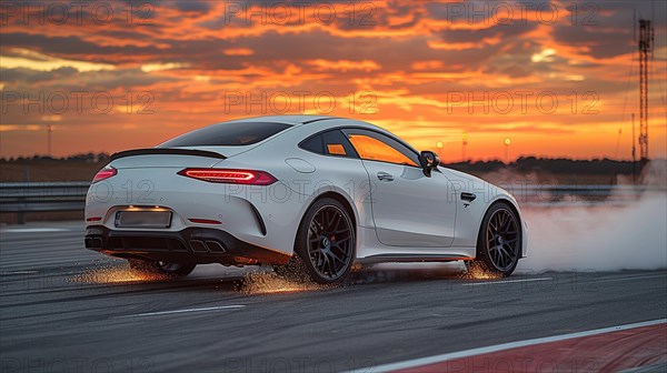 White sports car drifting on a racetrack with a beautiful sunset in the background, AI generated