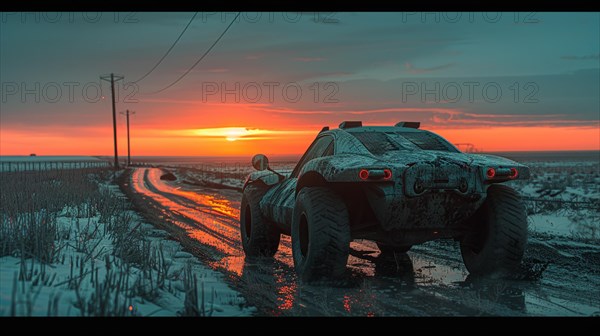 Rugged off-road vehicle tackles a muddy road in a snowy landscape at twilight, dystopian scene, AI generated