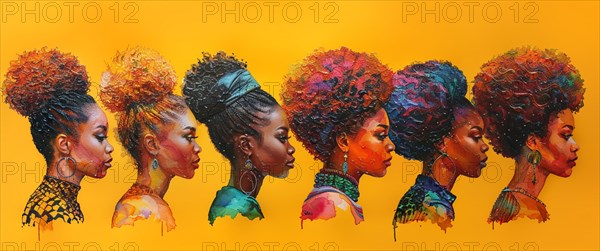Profiles of seven women with different afro hairstyles on a vibrant orange background with dripping paint details, banner 3:1 wide style, horizontal aspect ratio, AI generated