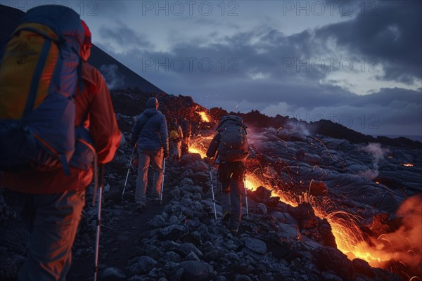 Tourists, hiking group, expedition, onlookers on the way to an active volcano, surrounded by hot, partially cooled lava flows, symbolic image for volcano tourism, disaster tourism, travel trends and the associated dangers, AI generated, AI generated, AI generated