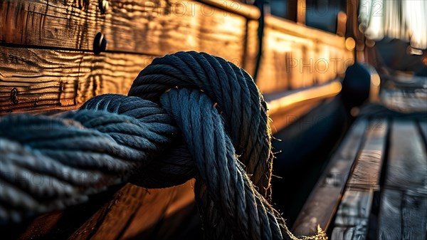 Ropes and bollards securing a ship at the dock at morning, AI generated