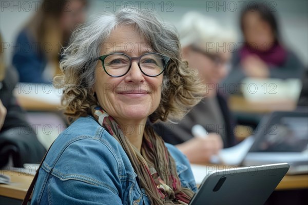 A woman of advanced age, senior citizen, sitting with a digital tablet in a course room, training room, symbol image, digital teaching, learning environment, adult education centre, course, training course, learning in old age, media skills in old age, eLearning, media education, AI generated, AI generated, AI generated