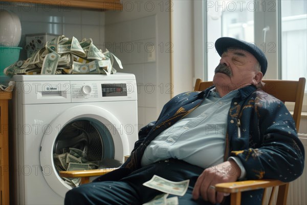 An elderly man sits asleep on a chair, surrounded by a washing machine and a mountain of banknotes, symbolising money laundering, illegally obtained money, AI generated, AI generated, AI generated