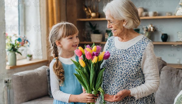 Elderly lady happily receives a bouquet of tulips from her granddaughter, AI generated, AI generated
