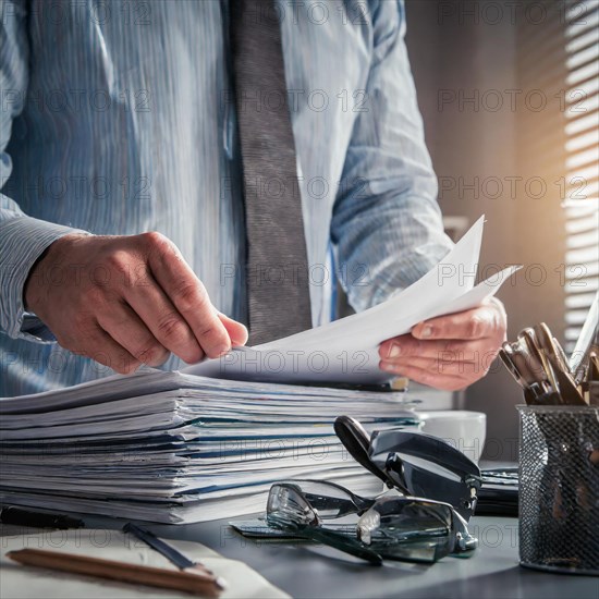 Businessman sorting files at a cluttered desk in an office, symbolism bureaucracy, AI generated, AI generated