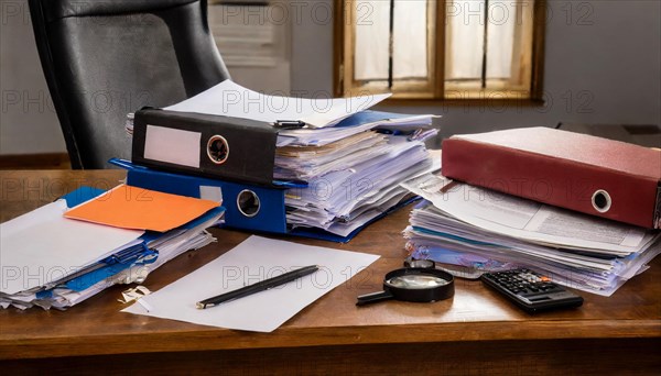 An organised desk with files and documents in an office with office chair, symbolism bureaucracy, AI generated, AI generated