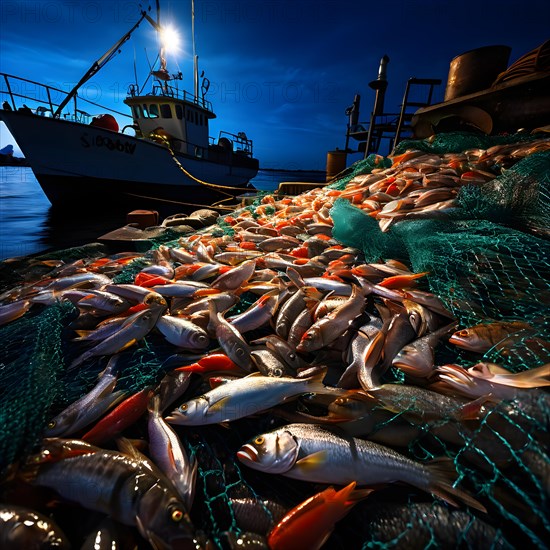 Commercial fishing net cascading onto the dock overflowing with caught shrimp fish and incidentally bycatch, AI generated, deep sea, fish, squid, bioluminescent, glowing, light, water, ocean