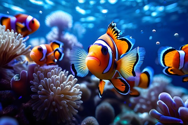 Vibrant clownfish darting through anemones, AI generated, deep sea, fish, squid, bioluminescent, glowing, light, water, ocean