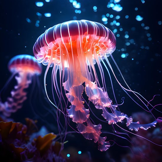 Deep sea jellyfish glowing with bioluminescence intricate patterns illuminating the dark sea, AI generated