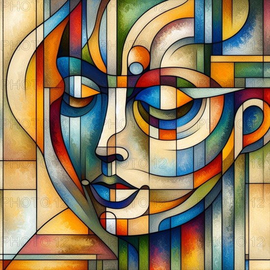 Colorful digital art piece resembling stained glass with a geometric abstract face, square aspect, AI generated