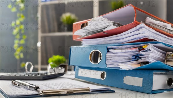 Overfilled folders on an office desk with calculator and biros, symbol of bureaucracy, AI generated, AI generated