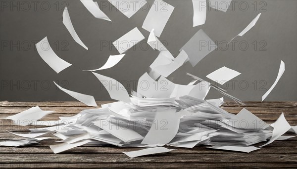 Papers fly through the air and land in a heap, symbol bureaucracy, AI generated, AI generated