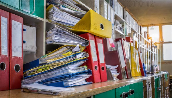 An office cupboard full of disorganised folders and piles of paper reflects the challenge of filing, symbol bureaucracy, AI generated, AI generated